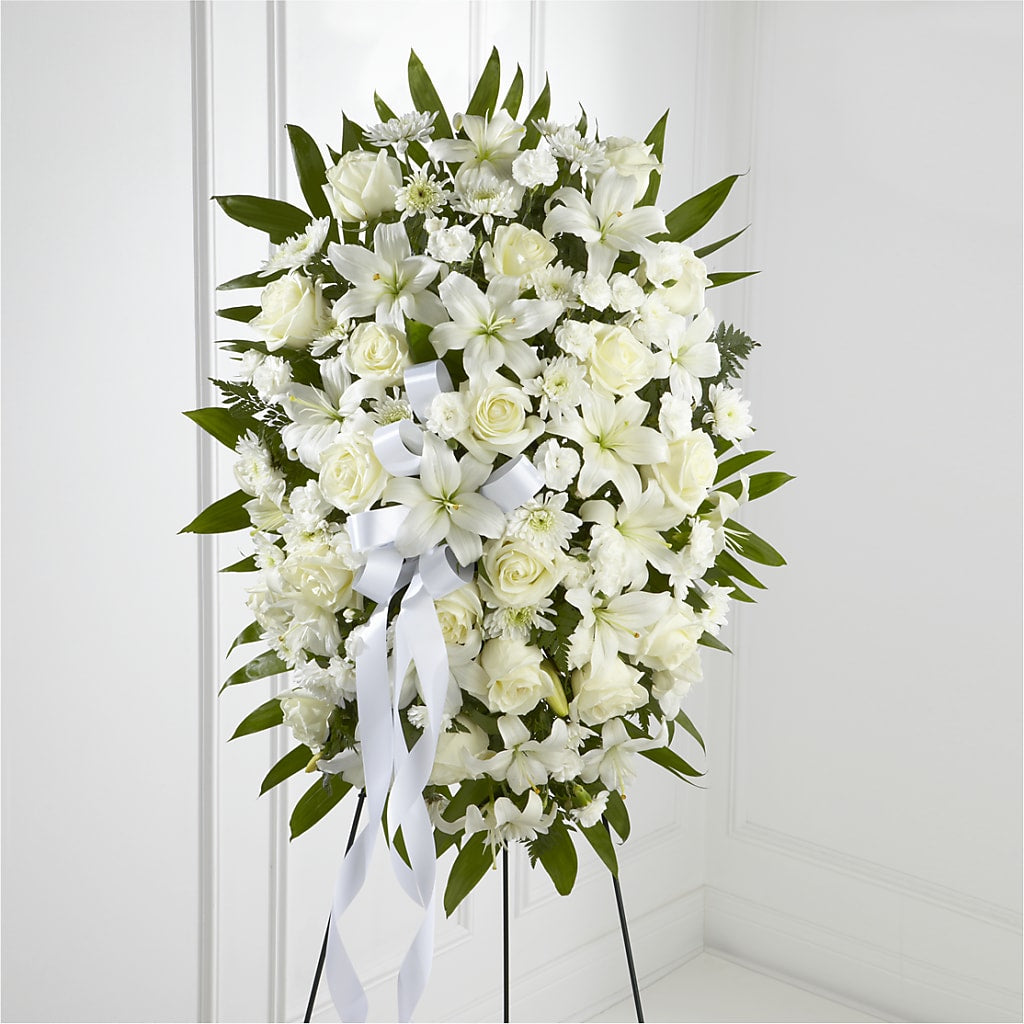Exquisite Tribute Standing Spray-White Ribbon – Carisma Florists, Mississauga ON