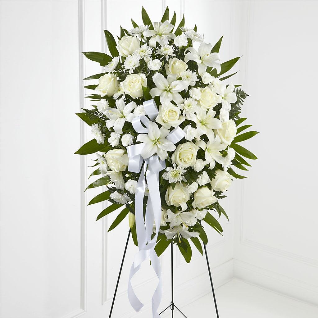 Exquisite Tribute Standing Spray-White Ribbon – Carisma Florists, Mississauga ON